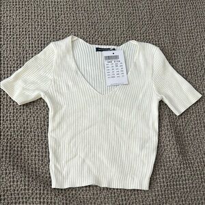 Brandy Melville Cream Ribbed Crop Tee